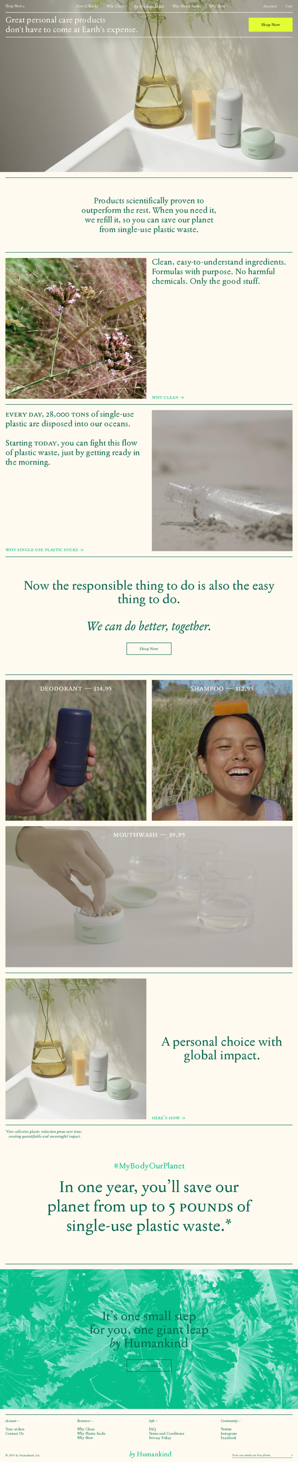 The visual narrative is clean, minimalist, and nature-inspired, using soft lighting and natural textures to convey a message about sustainable living. The layout is sparse, relying on high-quality photography and ample white space to create a serene and thoughtful aesthetic.