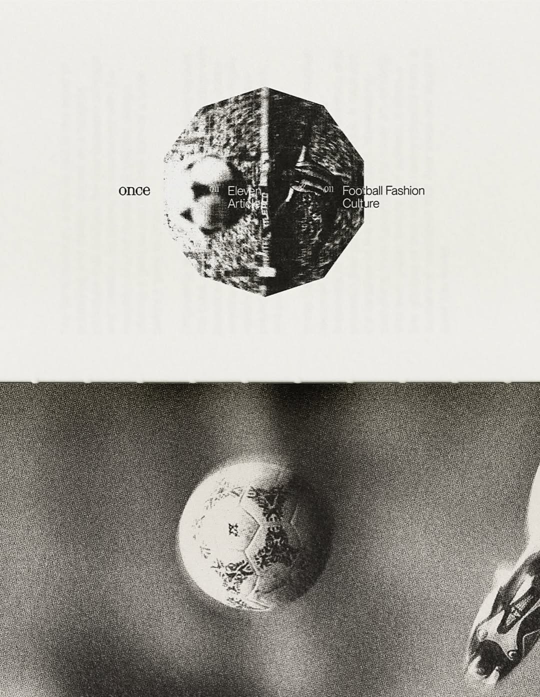 This image employs a stark monochrome palette and gritty textures to create a conceptual editorial feel. It juxtaposes abstract graphic elements with photographic detail, establishing a strong visual hierarchy centered around themes of culture and sport.