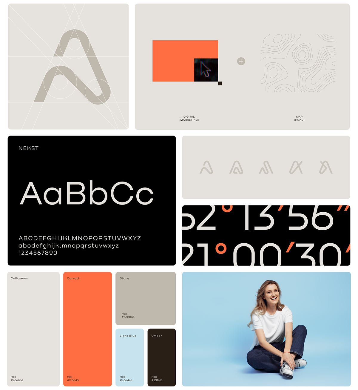 This image is a diverse visual collage showcasing clean graphic elements, typography, and photographic subjects. It blends abstract geometric shapes with solid color blocks to create a modern, professional aesthetic suitable for branding or UI design concepts.