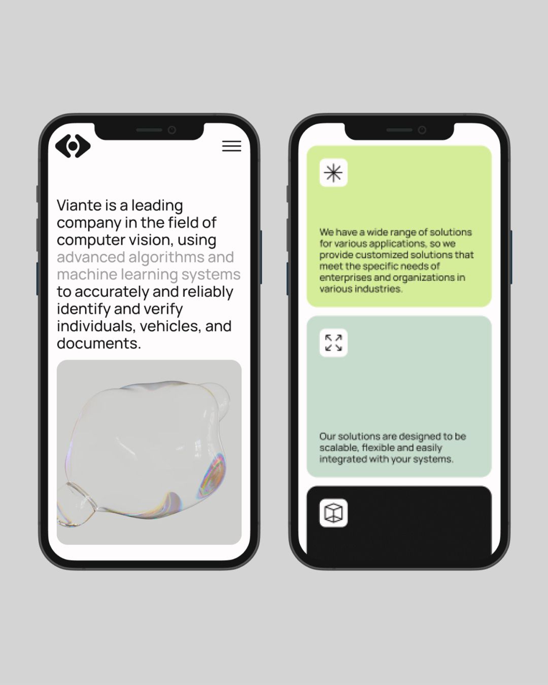 A modern mobile app interface design showcasing two smartphone screens with a clean, minimalist aesthetic. The left screen features dark text on white with an abstract illustration, while the right screen uses a vibrant lime green background with organized content blocks. The design emphasizes clarity, accessibility, and contemporary digital product presentation.