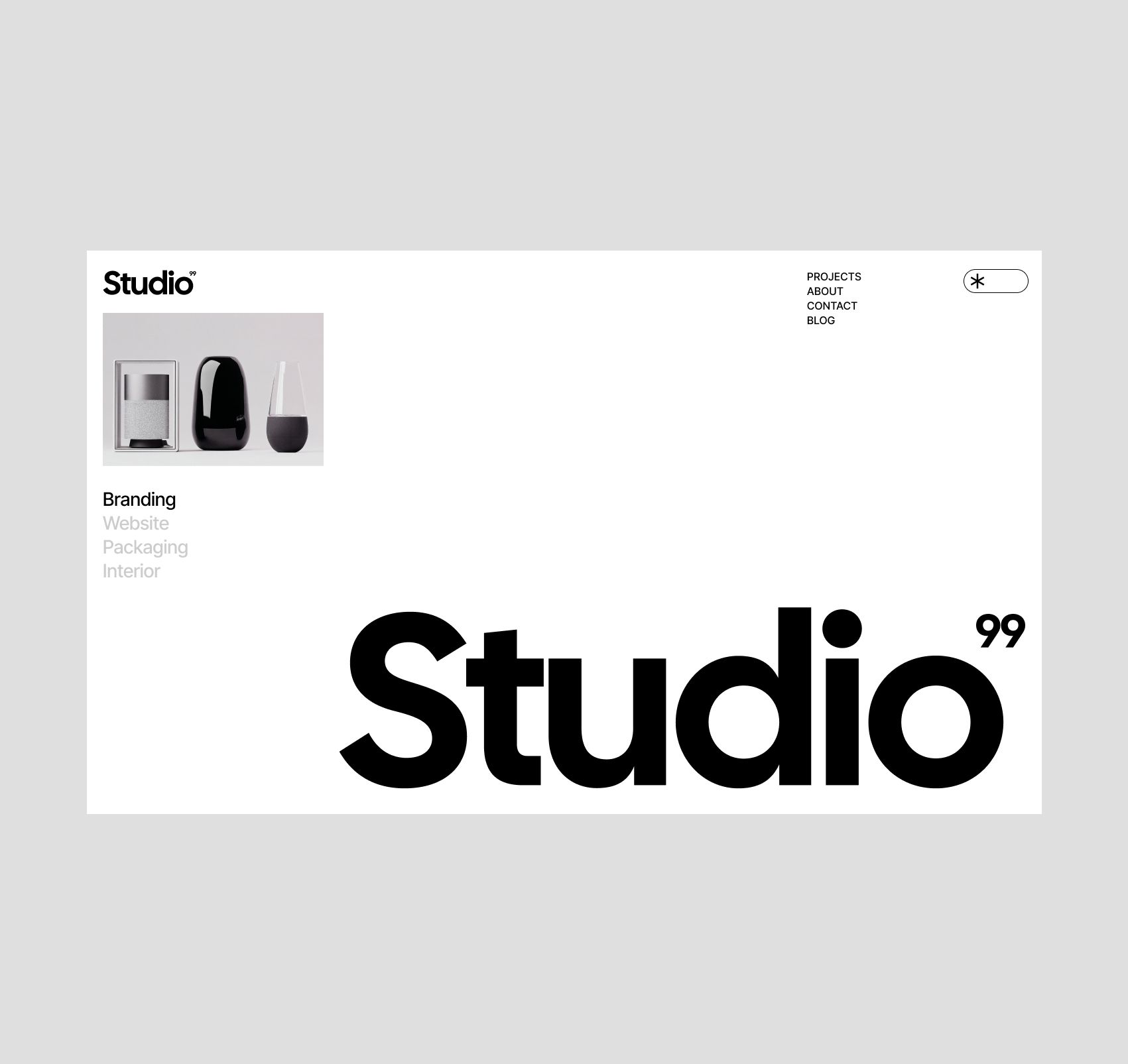 The design is minimalist and clean, utilizing a stark white background to emphasize the logo and navigation elements. It employs ample negative space, suggesting a modern, professional, and sophisticated brand identity.