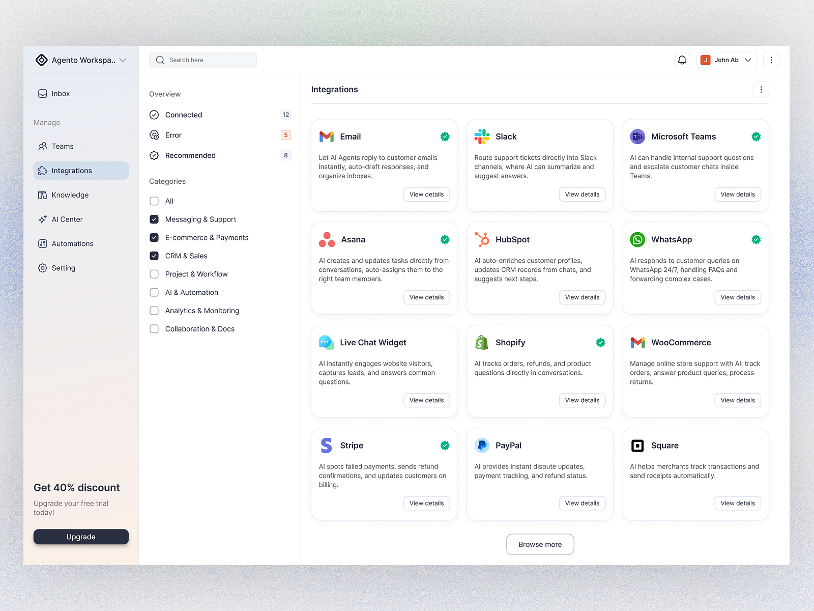 This interface presents a highly functional and organized dashboard typical of a Software as a Service (SaaS) application. The visual language is clean, minimalist, and relies on clear segmentation to manage complex settings and integrations effectively.