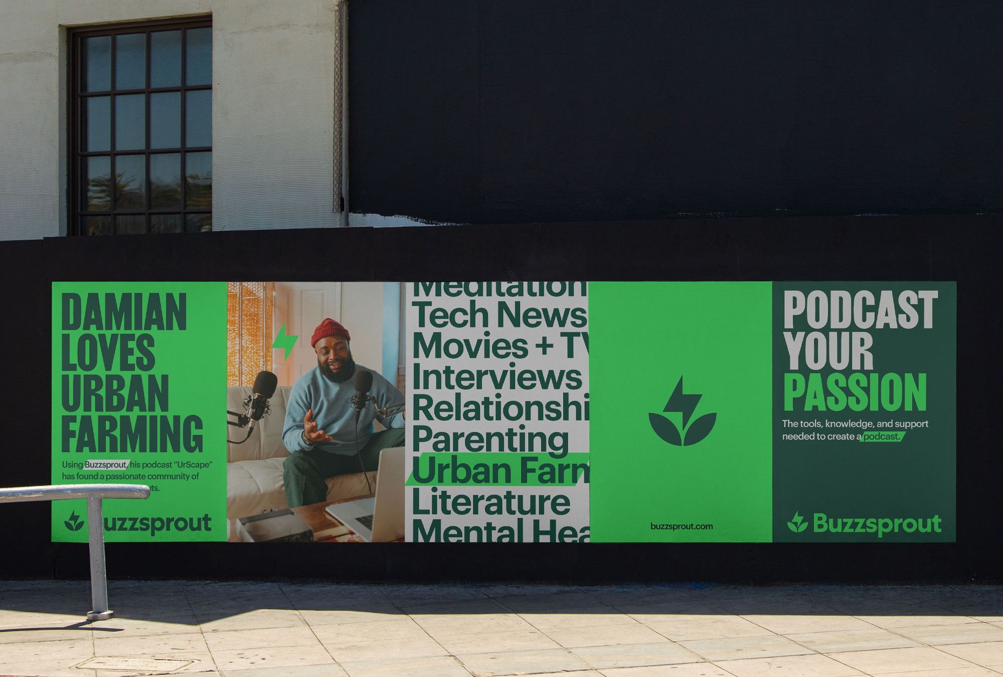 The design uses a clean, modern layout with a strong contrast between dark backgrounds and vibrant lime green accents. It effectively uses text hierarchy to promote content related to urban farming, podcasts, and personal passion.