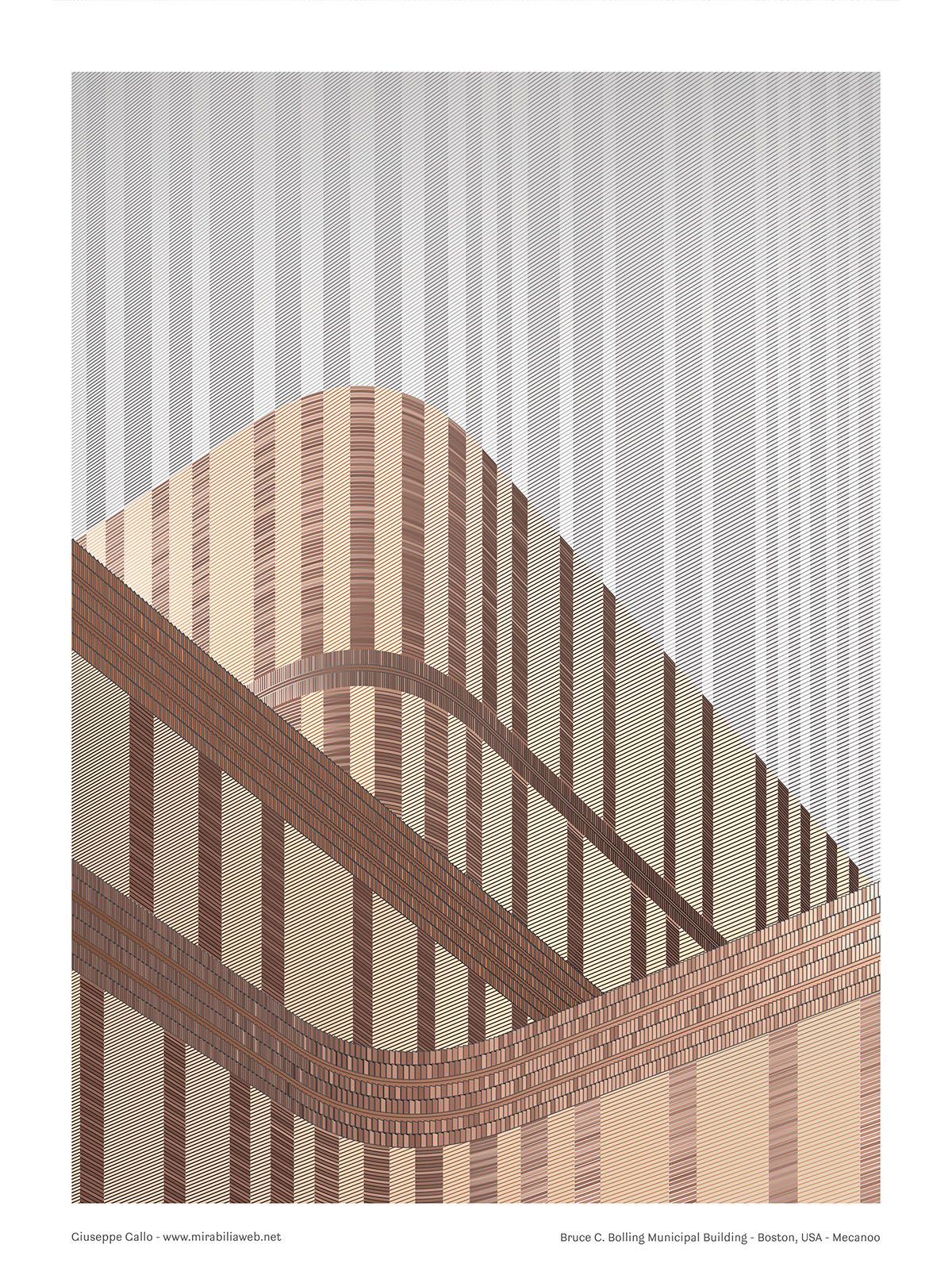 This image presents a graphic representation, likely an architectural rendering or abstract study, characterized by strong diagonal lines and layered planes. The design employs a muted, earthy palette to create a sense of texture, depth, and structured movement across the composition.