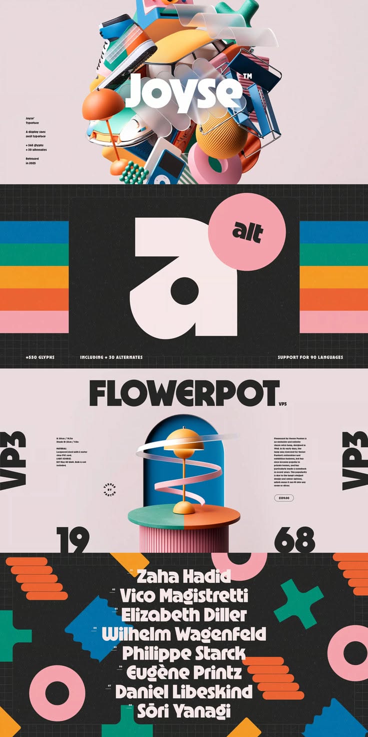 The design features a clean, modern, and playful aesthetic, utilizing bold typography against a muted background with pops of vibrant color. The composition is structured using strong geometric shapes and clear visual hierarchy to present a collection or brand identity.