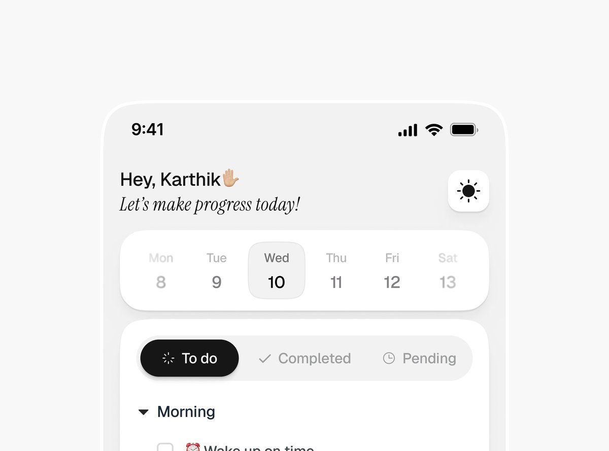 The image displays a clean, minimalist mobile application interface characterized by ample white space and clear, legible typography. The design employs a light theme with subtle use of iconography to convey a productivity or daily planning function.