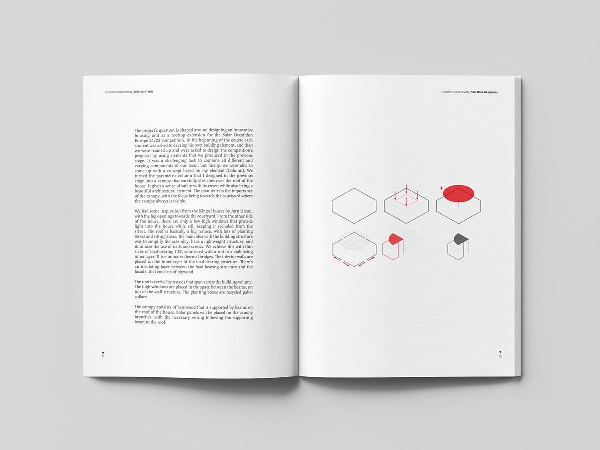This page presents a highly conceptual design document, blending dense analytical text with minimalist geometric diagrams. The visual language is clean and academic, focusing on structural ideas through simple forms and precise line work.
