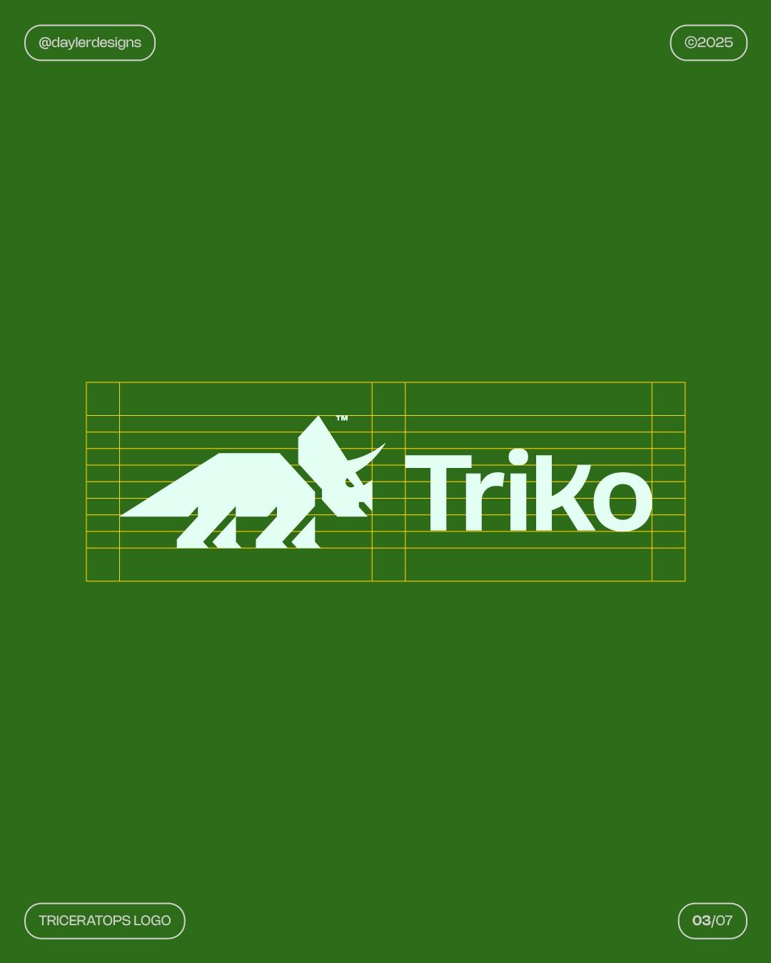 A brand identity system featuring a geometric triceratops logo in green on a white background. The design includes clean typography with the brand name and grid-based layout system. Professional branding guidelines presentation.