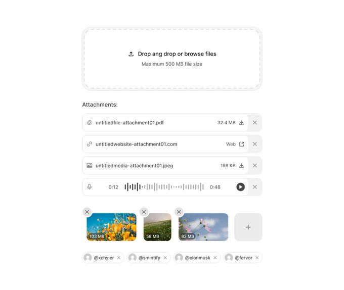 The image displays a clean, minimalist user interface for file attachments, characterized by ample white space and clear, functional typography. The design emphasizes straightforward functionality with subtle use of icons to denote file types and sizes.