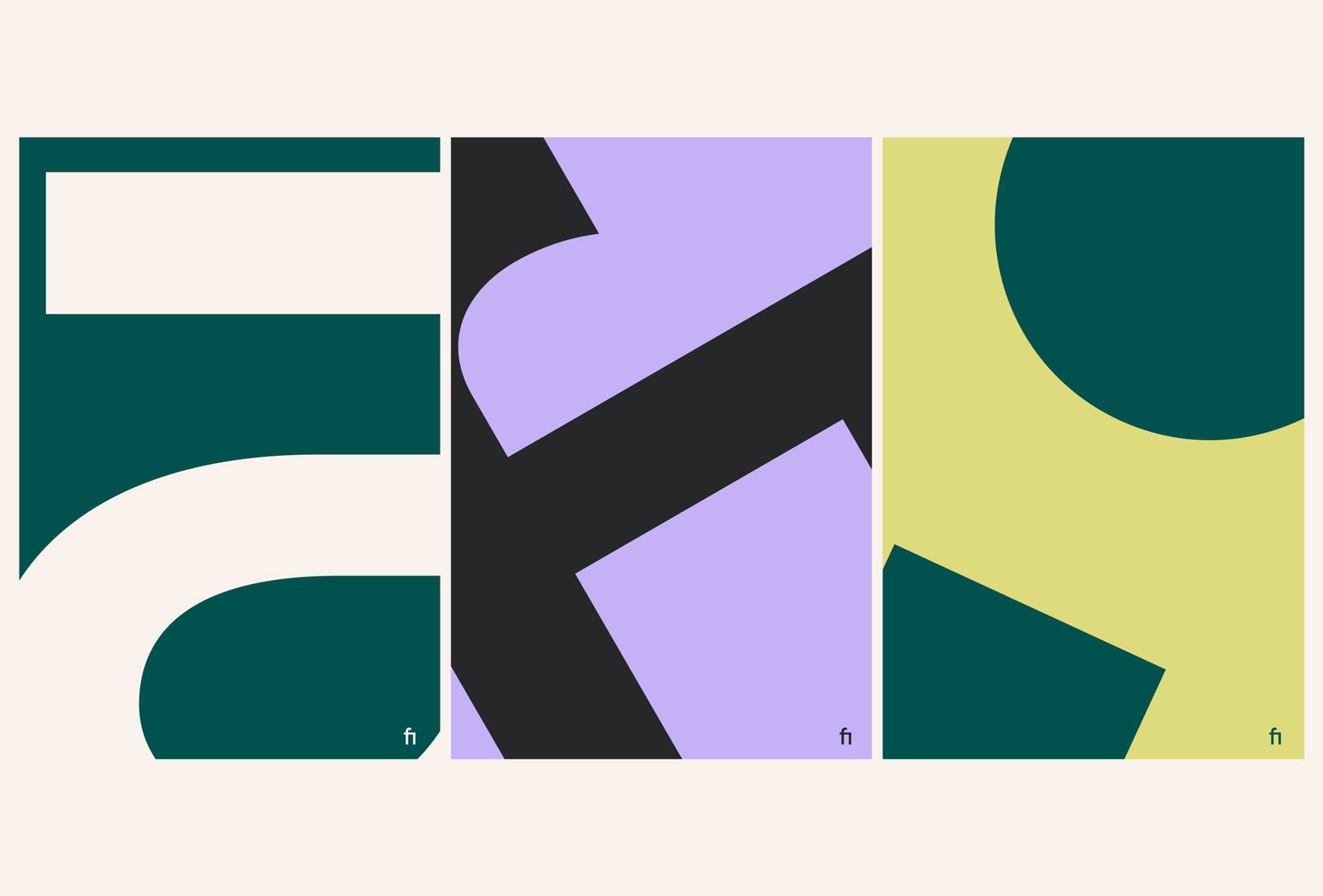 This image presents a modern, geometric typographic exploration using bold blocks of color and negative space. The design relies on strong contrasts between deep greens, black, and soft lavender/yellow tones to create a sophisticated and structured visual rhythm.