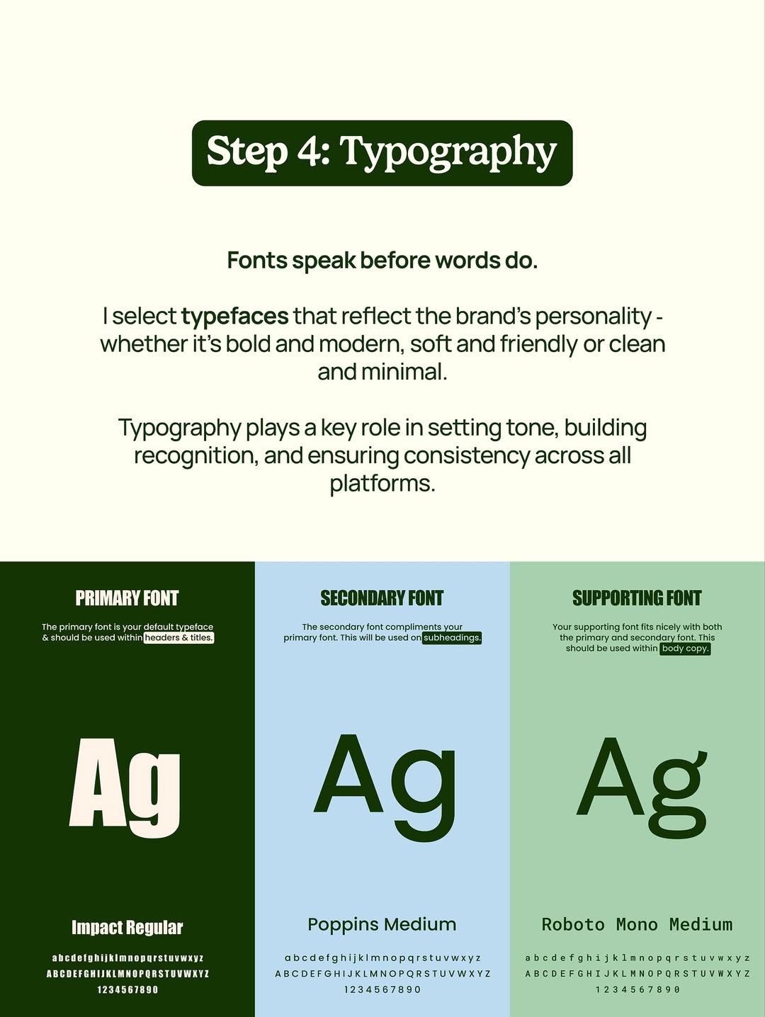 This visual serves as an instructional step detailing the importance of typography in branding and communication. The design employs a clean, high-contrast aesthetic focusing heavily on textual hierarchy and providing clear examples of font usage.