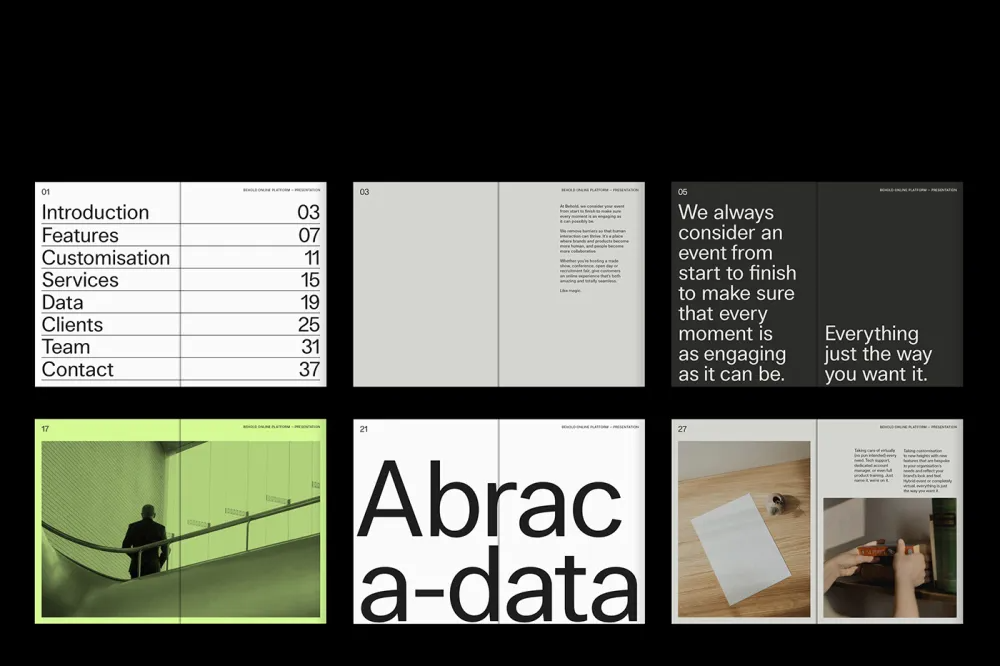 A minimalist corporate design layout featuring a table of contents, typography-focused branding, and documentary-style photography. The design employs a stark black and white palette with strategic use of lime green accents, creating a contemporary and professional aesthetic. The composition balances text-heavy informational elements with bold imagery and clean geometric divisions.