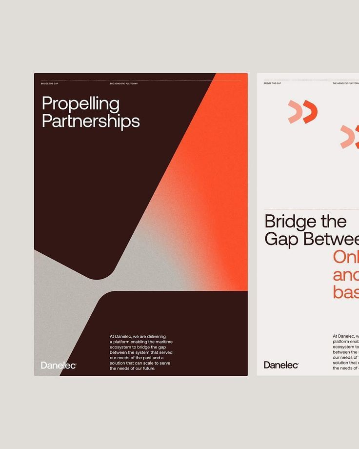 A contemporary corporate design system featuring bold geometric shapes and a striking color contrast between deep brown and vibrant coral-orange. The layout demonstrates modern minimalism with organic curved forms and clean typography, presenting a professional yet dynamic visual identity.