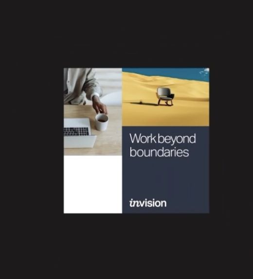 The image uses a split composition contrasting an indoor workspace with a vast, arid outdoor landscape to convey a theme of expansive thinking. The design is clean and minimalist, employing muted earth tones juxtaposed with deep navy blue.