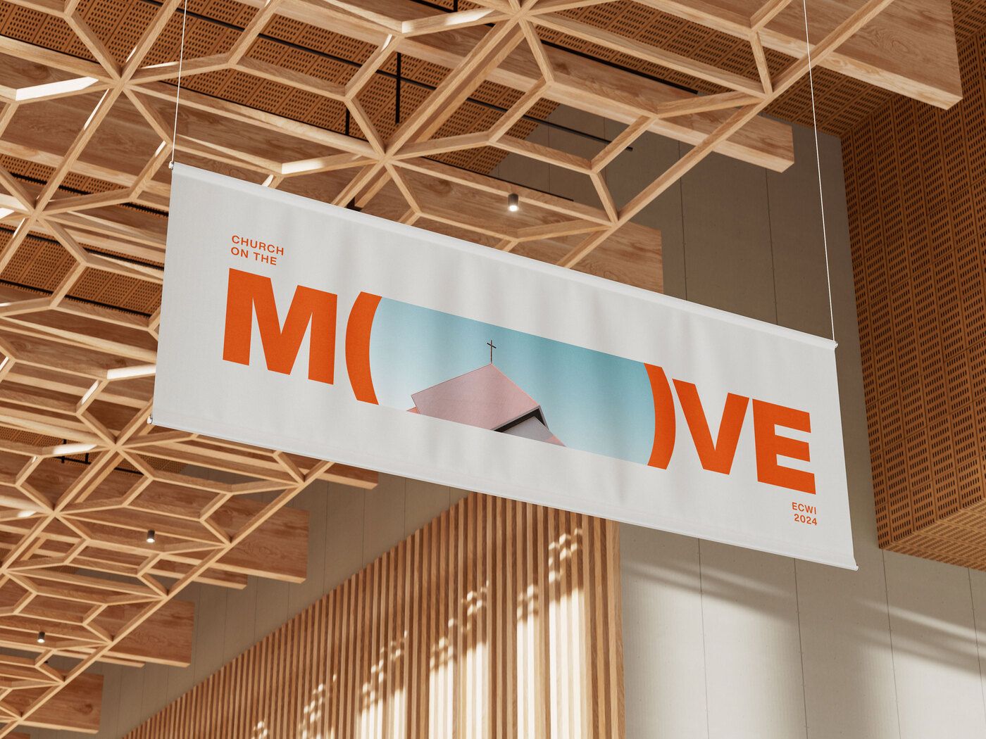 This design effectively merges modern architectural textures, particularly natural wood elements, with bold, clean graphic branding. The visual language is characterized by a striking contrast between organic materials and strong, minimalist typography to convey both institutional identity and warmth.