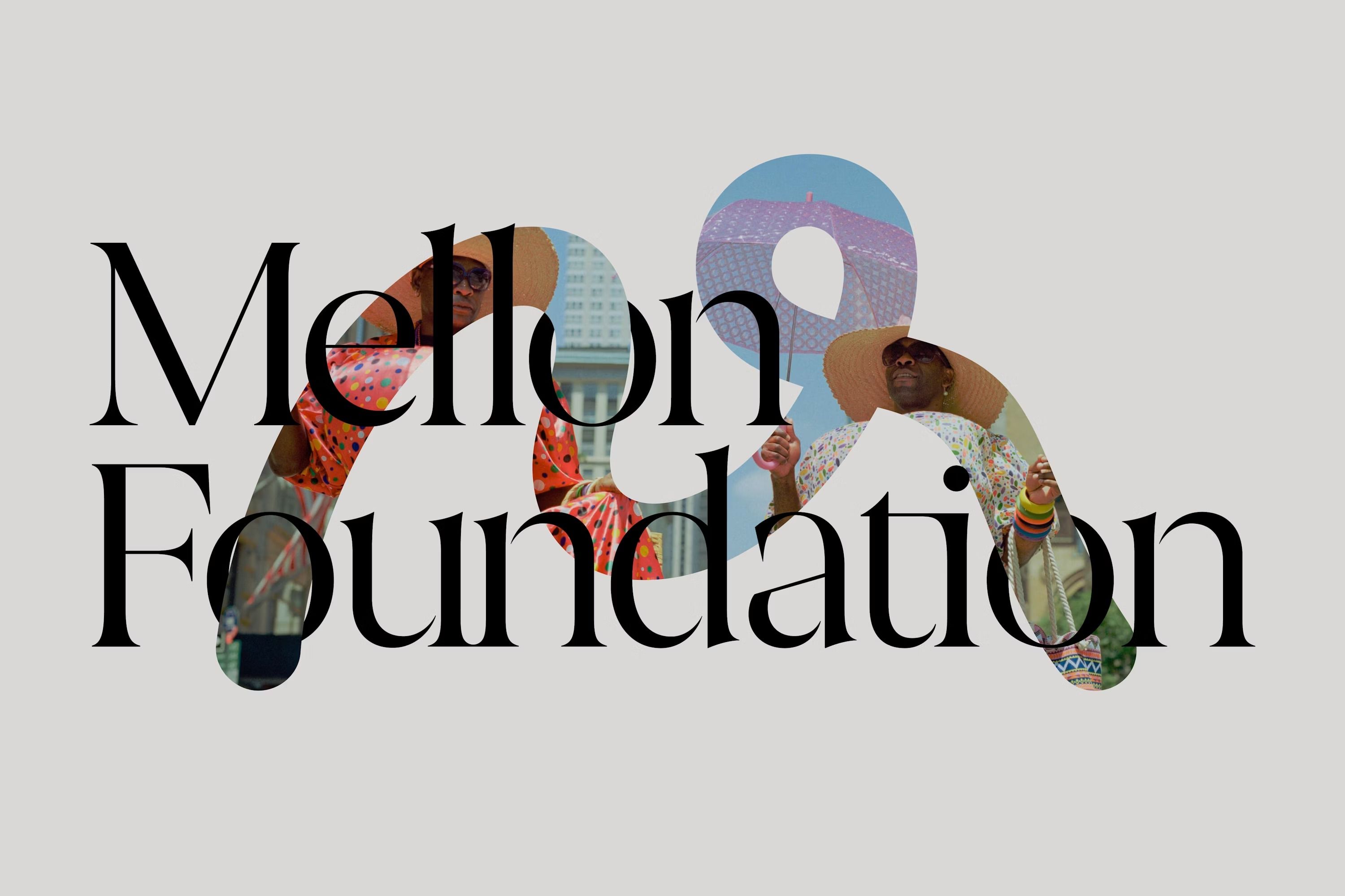 The logo features a stylized, abstract representation of a figure or form integrated with the text 'Mellon Foundation'. The design uses a monochromatic, high-contrast approach with organic, curved shapes that suggest movement or connection.