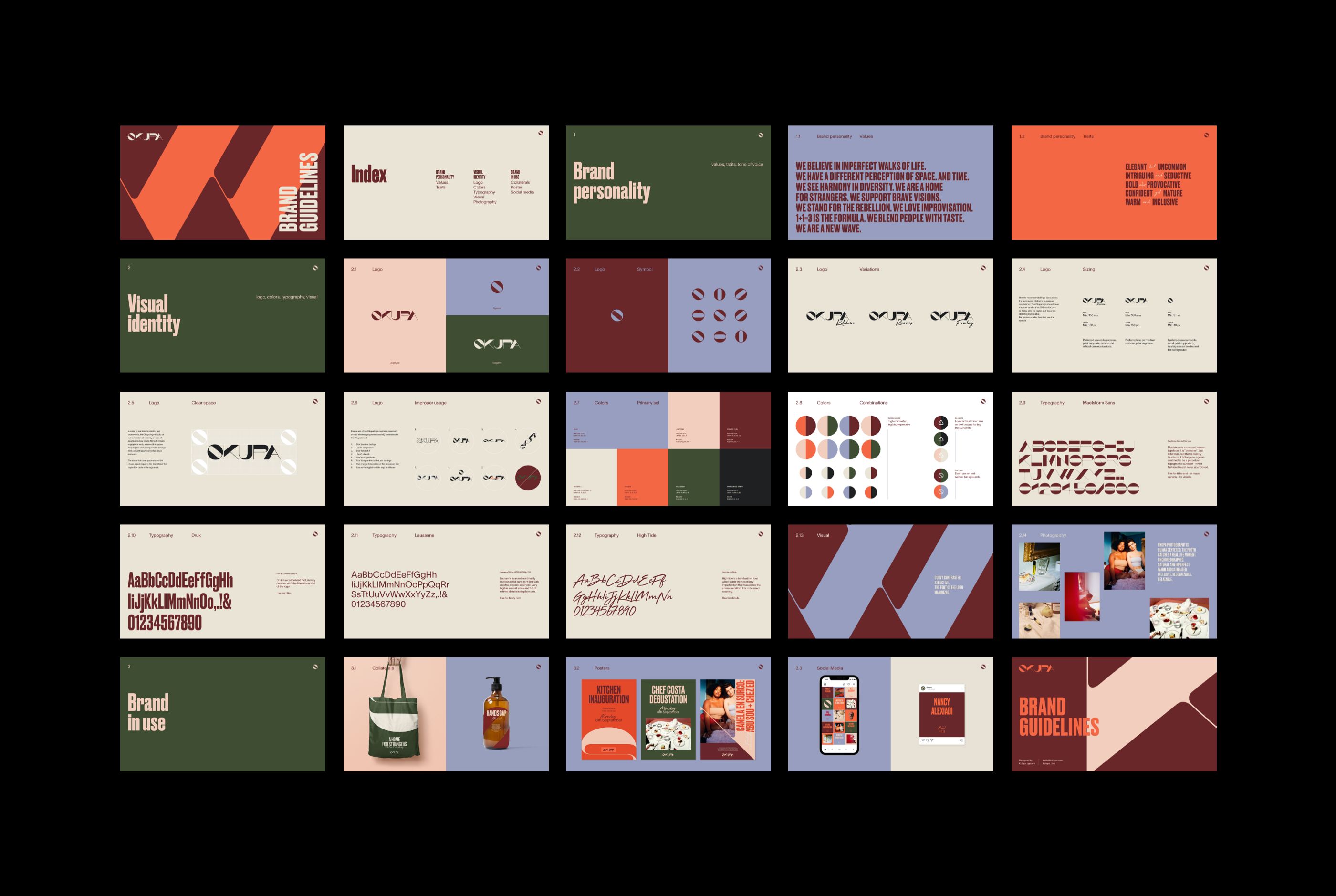 This image displays a grid of mockups or examples, likely related to branding and design guidelines, characterized by a clean, modern, and professional aesthetic. The design relies heavily on muted earth tones contrasted with white space to convey sophistication and clarity.