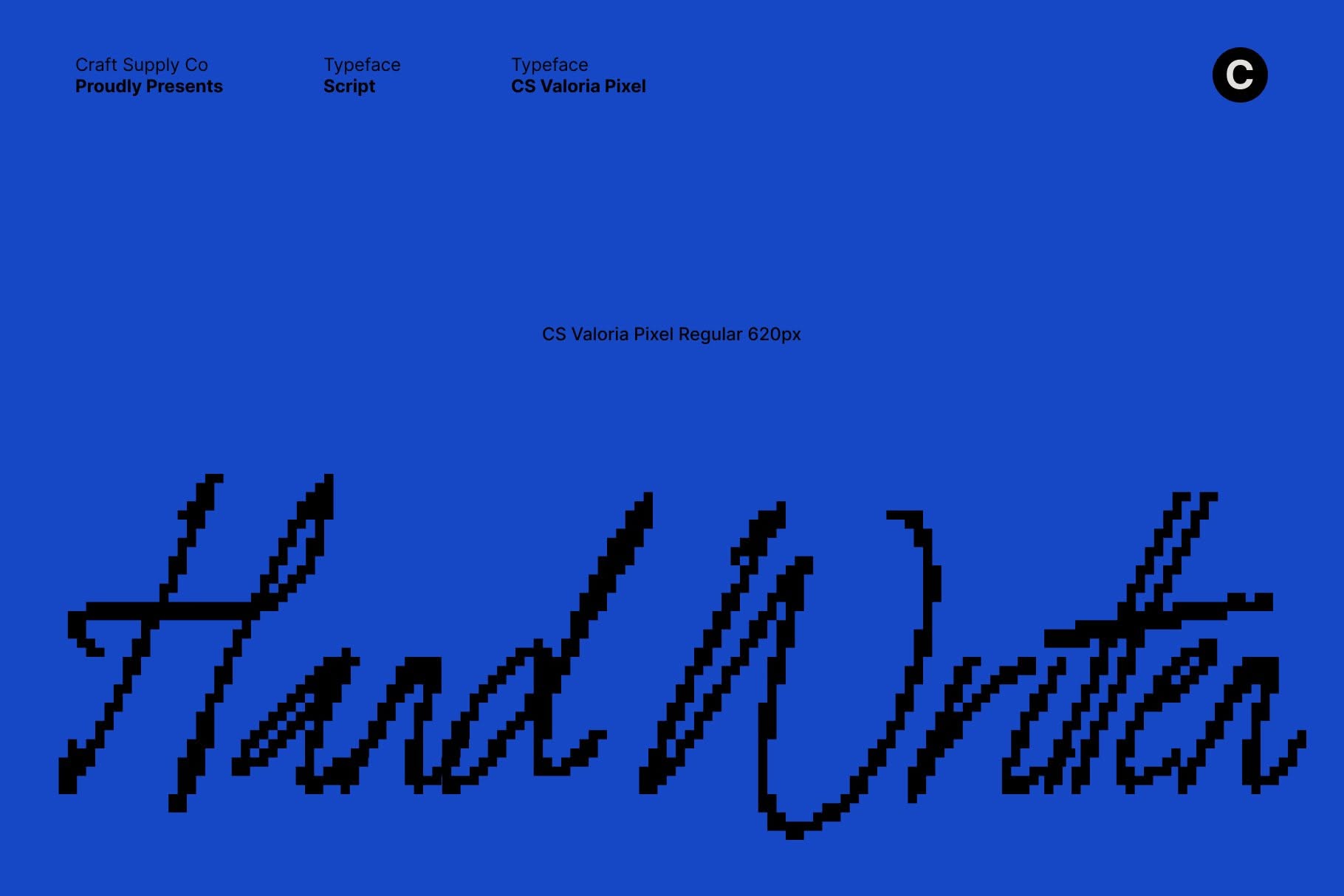 The image features a minimalist, dark-on-light design dominated by a large, hand-drawn text rendered in a pixelated or bitmap style. The composition is clean and focuses entirely on the typography as the main visual element against a solid blue background.