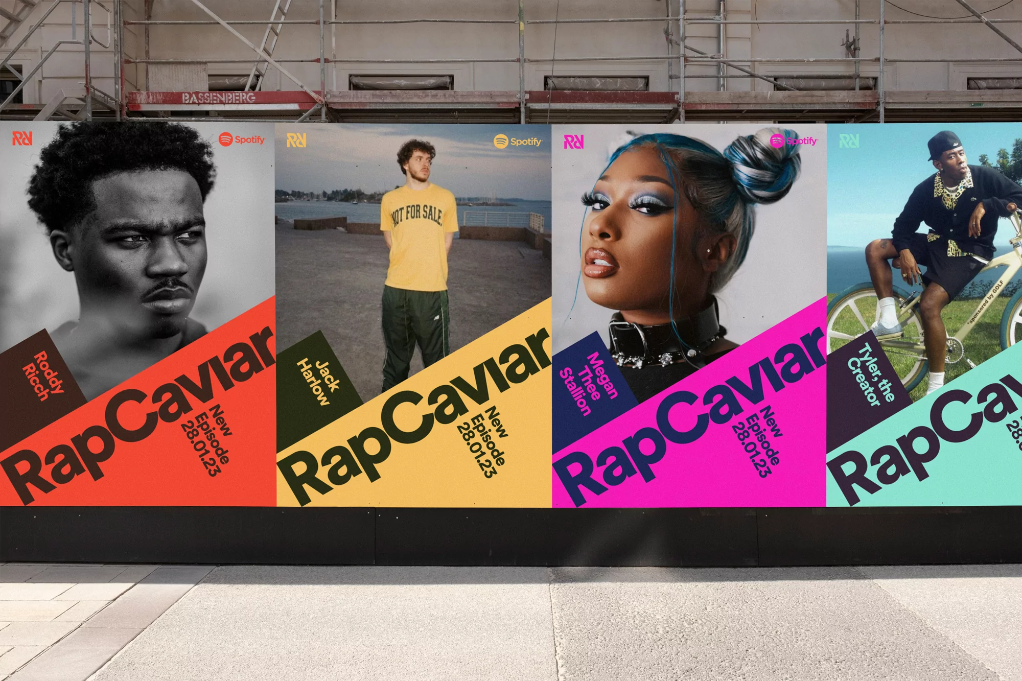 This image is a promotional display featuring multiple square panels, likely for music or media content, characterized by bold graphic overlays and high-contrast photography. The design uses strong color blocking and clear branding to create an energetic and modern aesthetic suitable for a contemporary music industry.