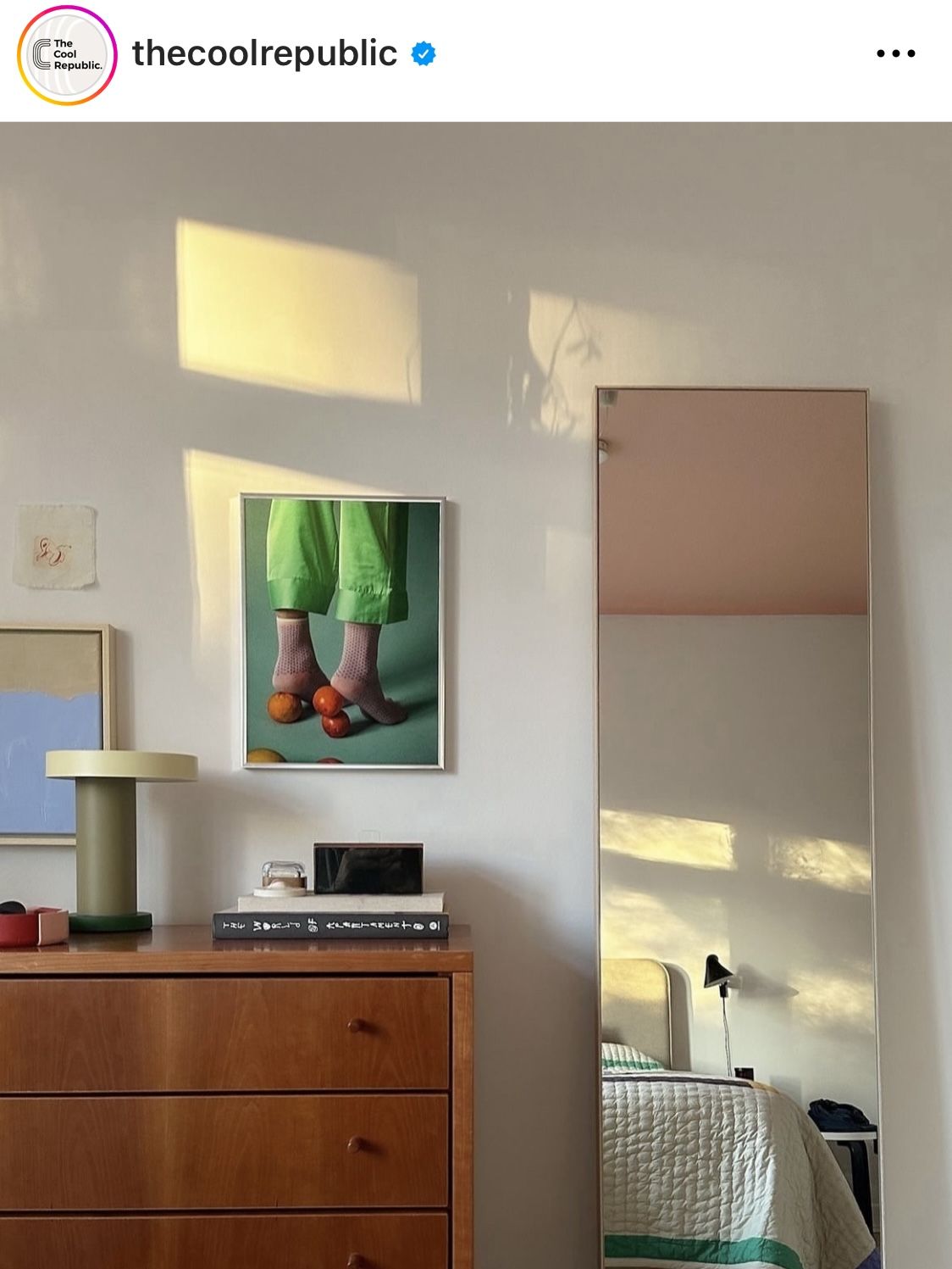 A social media design composition featuring 'The Cool Republic' branding with interior photography, geometric frame overlays, and mixed visual elements. Combines photography, typography, and geometric design elements for a cohesive social media aesthetic.