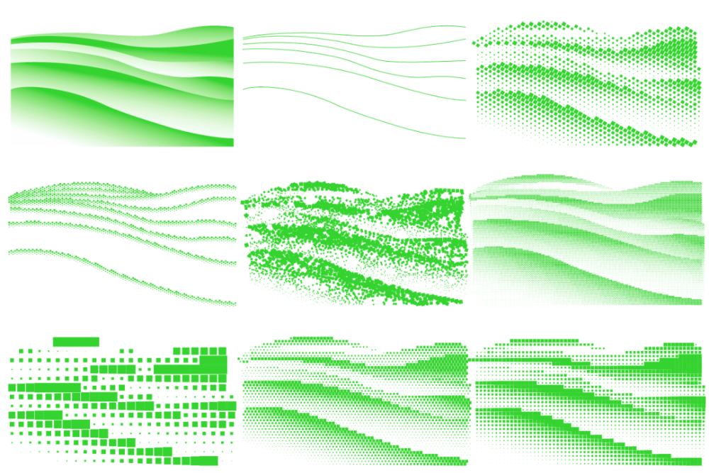 This image presents a collection of abstract, flowing line and point-based graphics primarily in shades of green. The visual language emphasizes smooth gradients, wave patterns, and density variations to suggest movement or data visualization.