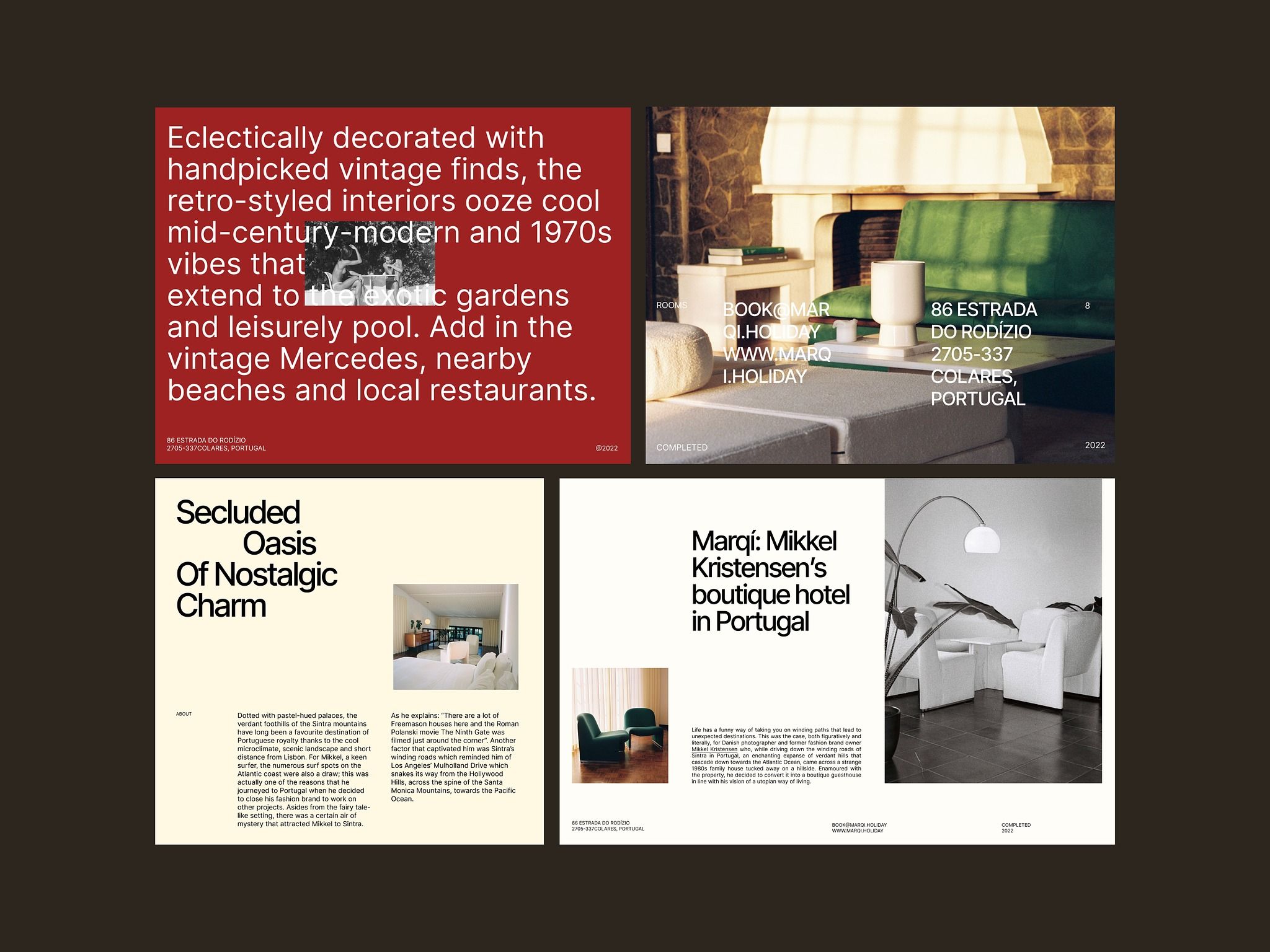 A magazine spread or portfolio layout featuring vintage aesthetic design with typography-driven composition and photography. Includes hotel/location photography with editorial design treatment and sophisticated color palette.