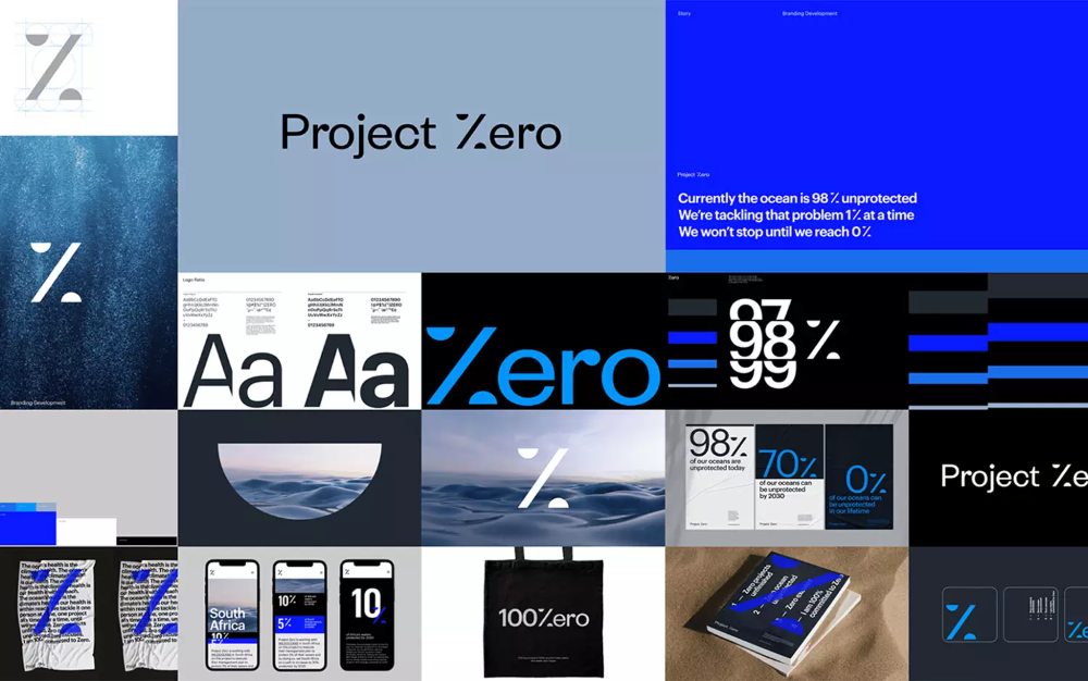 The design utilizes a stark, minimalist aesthetic dominated by shades of blue and black, employing large typography and geometric shapes to convey a sense of technical precision and focus. The visual language is clean, modern, and heavily reliant on percentage-based data visualization.