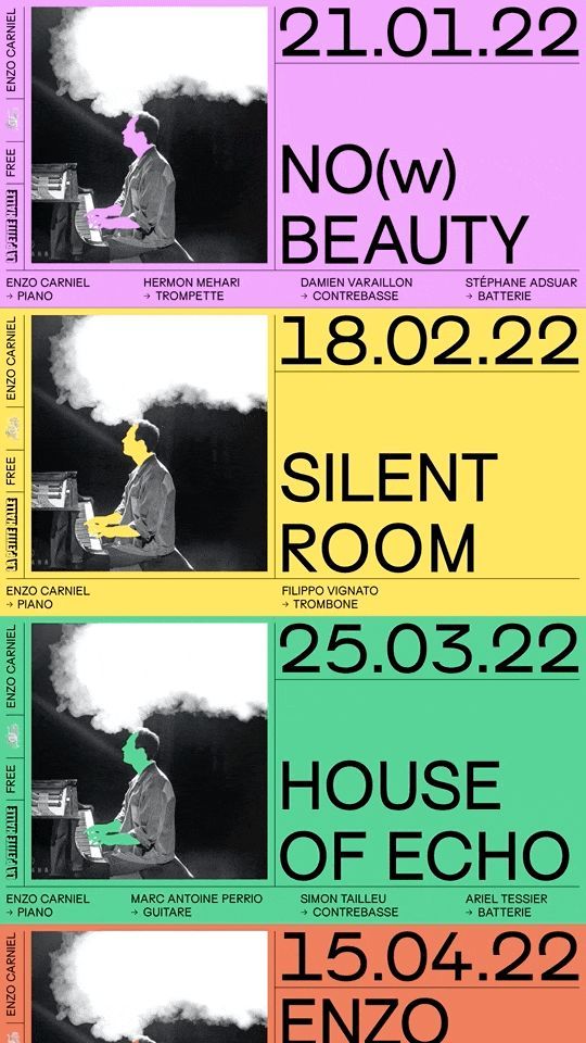 A vibrant event flyer with multicolor sections in pink, yellow, green, and coral backgrounds. Features mixed black and white photography with event information and dates. Dynamic, playful aesthetic with strong color blocking.