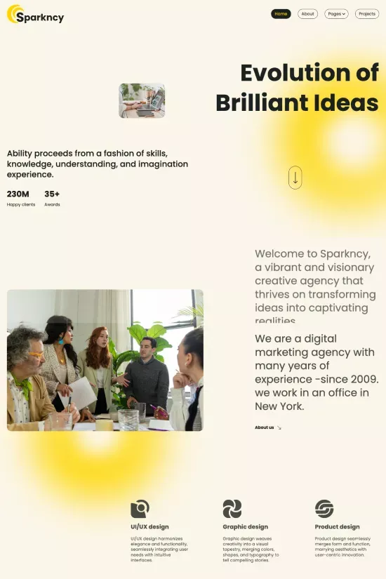 The design is clean, modern, and professional, utilizing a bright yellow background to convey energy and optimism. The layout is spacious, balancing large text elements with photographic content to tell a story about the company's evolution and services.