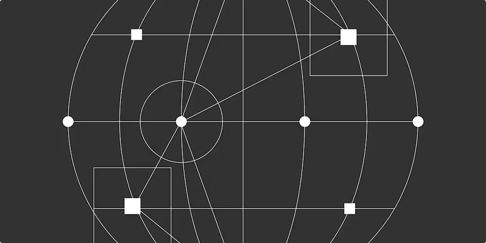 This design utilizes a minimalist, technical aesthetic featuring geometric lines and markers superimposed on a spherical grid, suggesting concepts of mapping or data visualization. The visual language is clean and precise, focusing on spatial relationships and mathematical structure rather than organic representation.