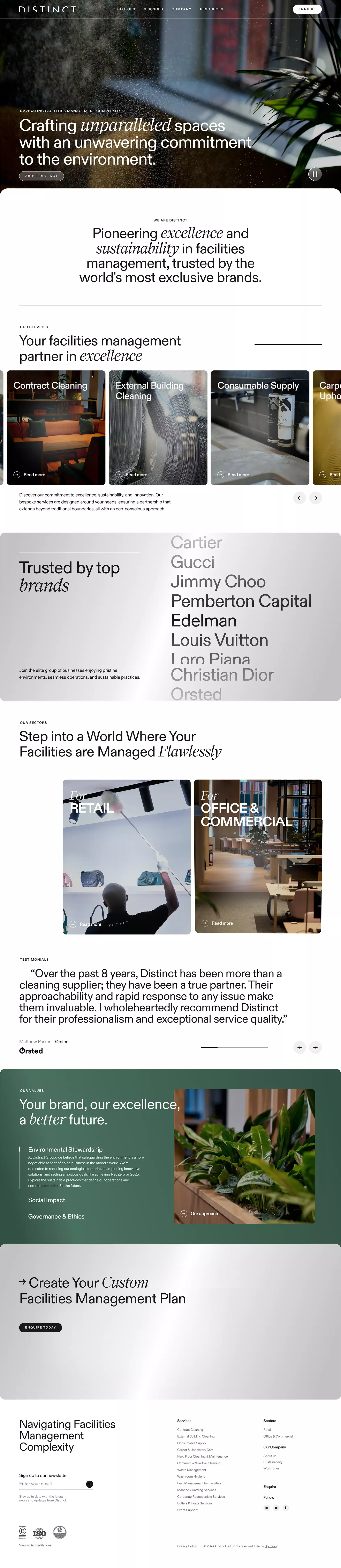 A sophisticated corporate website design showcasing architectural and construction services with a minimalist aesthetic. The layout combines dark backgrounds with clean typography and high-quality photography to convey professionalism and expertise. The design emphasizes case studies and project portfolios through a grid-based, modular approach.