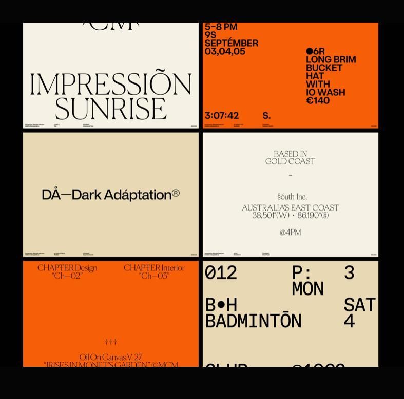 A sophisticated design collage featuring 'Impression Sunrise' and 'Dark Adaptation' portfolio pieces with orange and cream color blocking. Mixed typography approaches and complementary color palette demonstrate design sensibility.