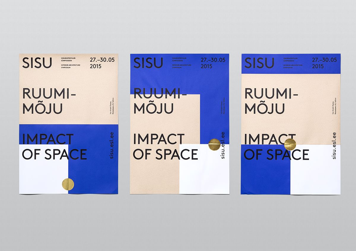 A contemporary design system for an exhibition or publication titled 'Ruumi-Mõju: Impact of Space,' featuring a modular grid-based layout with bold geometric blocks. The design employs a striking contrast between vibrant cobalt blue and warm cream tones, accented with metallic gold elements, creating a sophisticated and intellectually rigorous visual language.