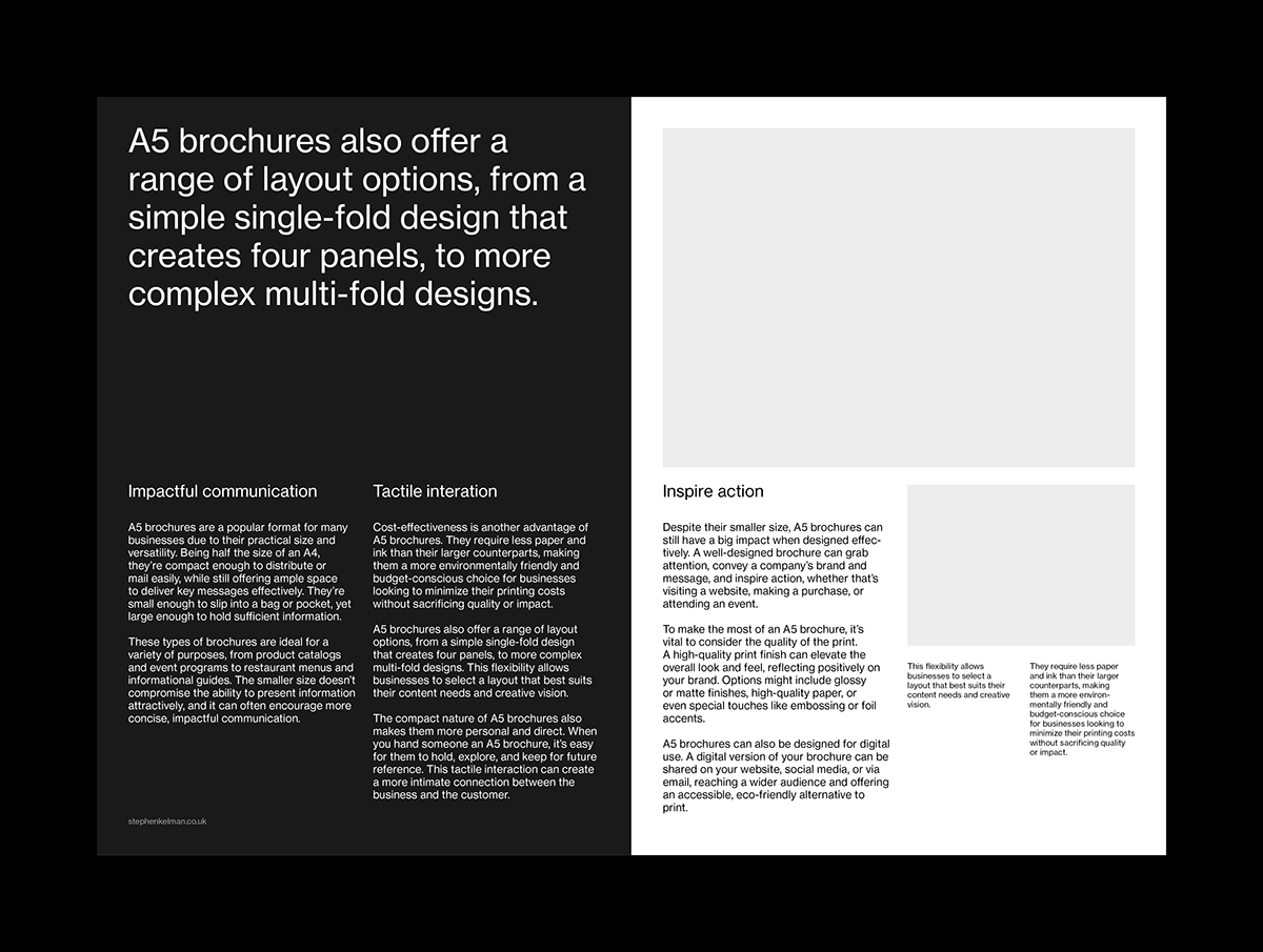 This design utilizes high contrast between deep black and crisp white text to create a modern, minimalist aesthetic. The visual language is clean and typographic, emphasizing clarity and professional communication across the entire layout.