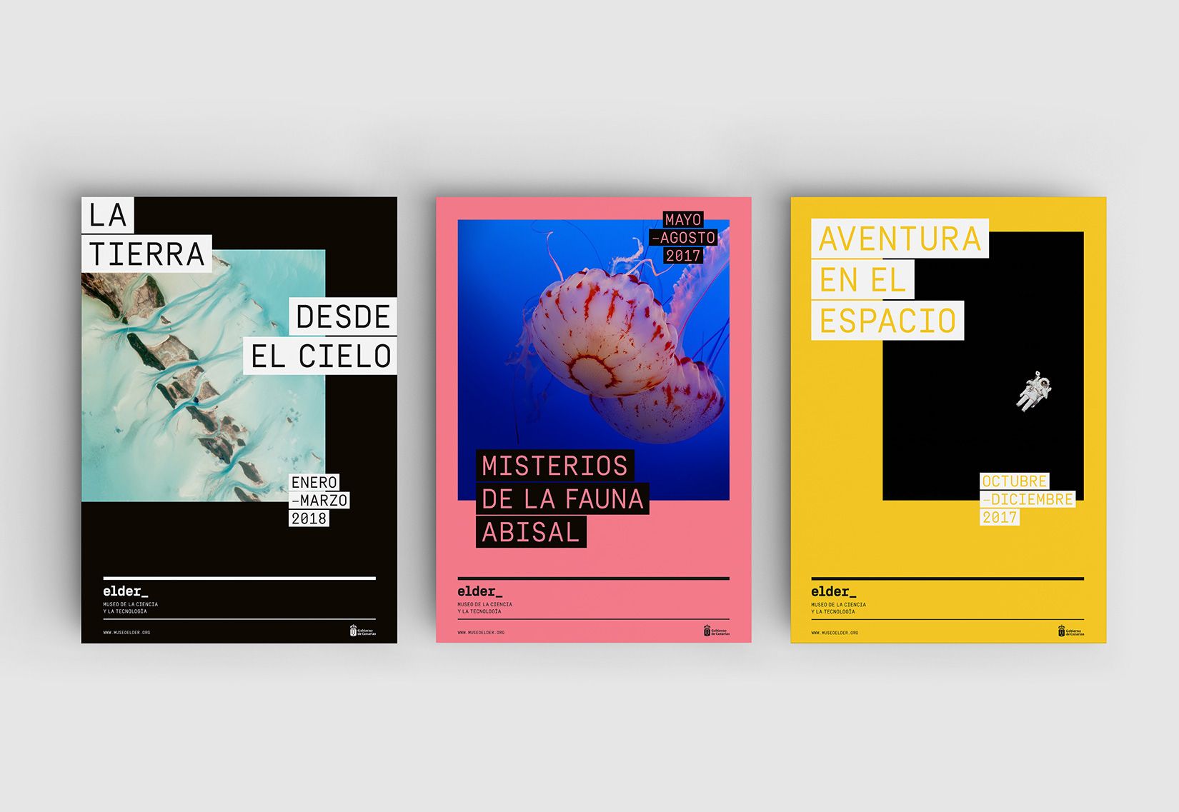 A bold, contemporary poster series featuring a Swiss-style modernist design language with vibrant color blocking and geometric layouts. The collection demonstrates strong typographic hierarchy, asymmetrical composition, and striking photographic imagery set against flat color fields, creating a dynamic and culturally-engaged visual identity.