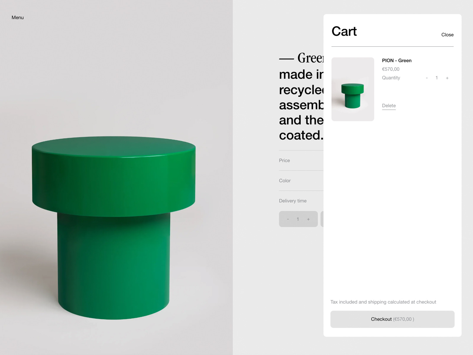 This image showcases a minimalist product presentation paired with a clean, functional e-commerce interface. The design relies on ample negative space and strong color contrast between the deep product hue and neutral backgrounds, establishing a professional and contemporary feel.