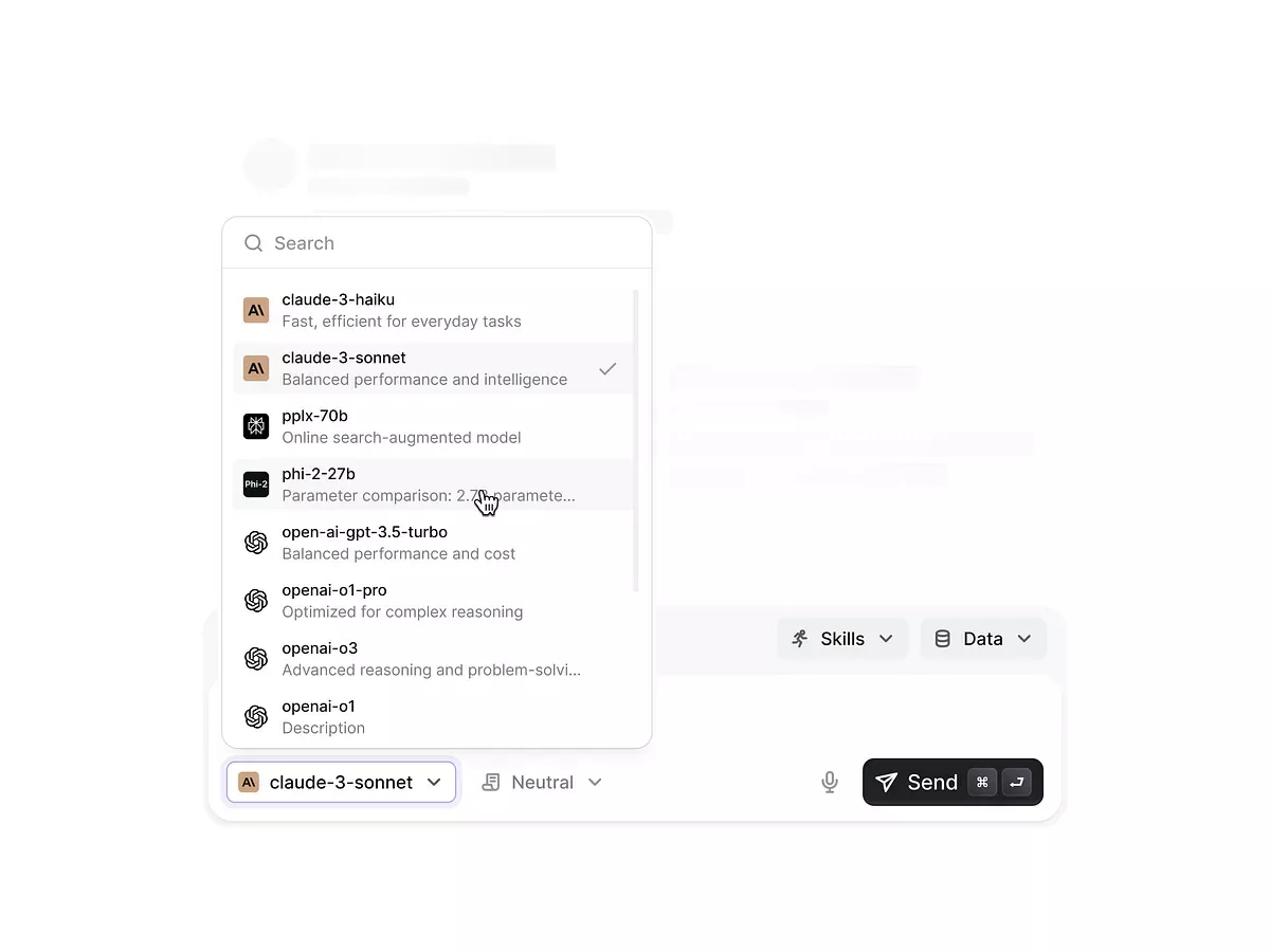 The image displays a clean, modern user interface for searching or selecting AI models, characterized by a minimalist design with clear separation between search results and actionable items. The visual language is professional and functional, relying heavily on whitespace to ensure readability.