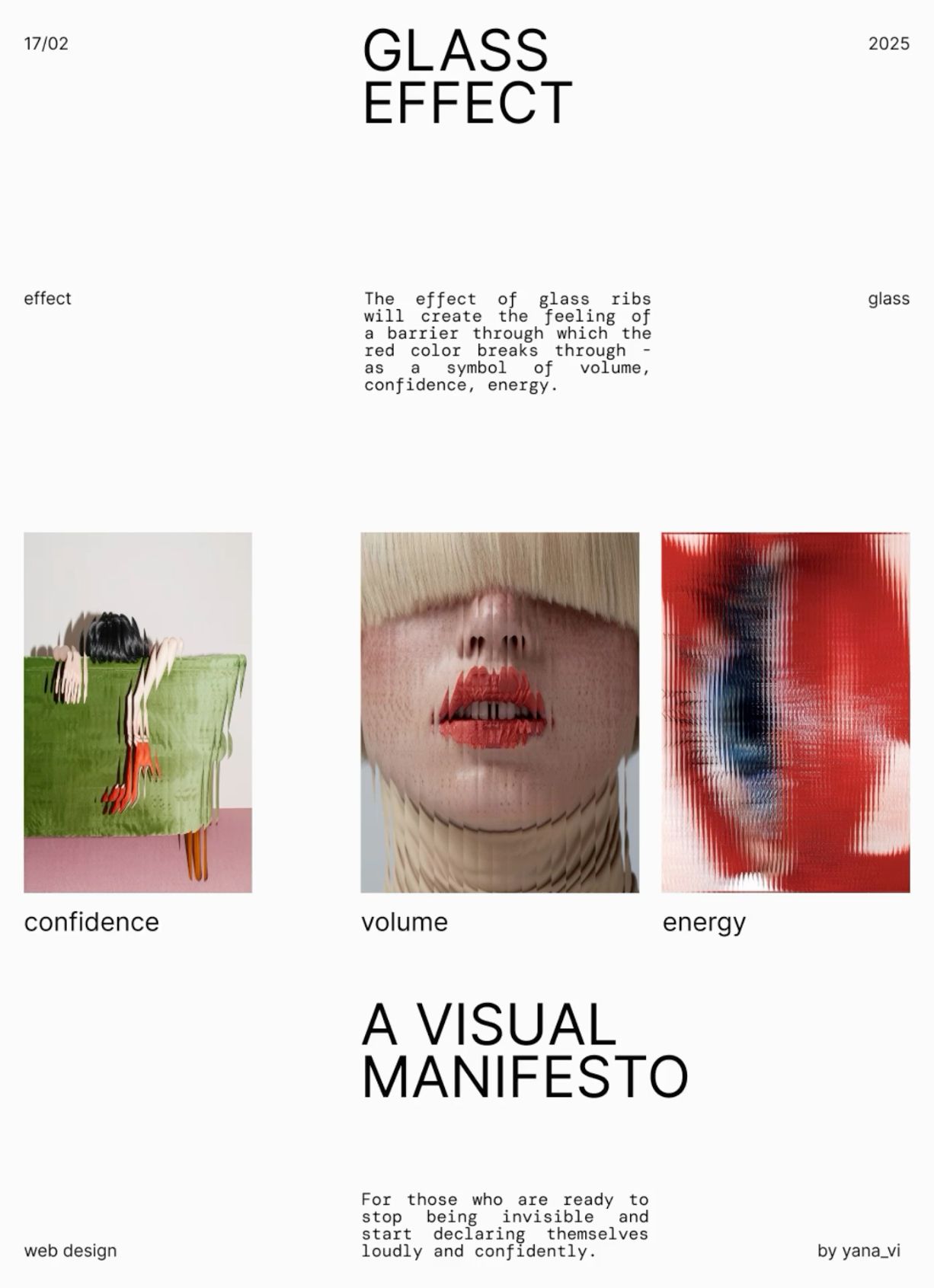 This is a minimalist, high-concept design piece that uses stark typography and evocative photographic imagery to explore abstract concepts like 'glass effect'. The layout is clean, balanced, and relies heavily on negative space to draw attention to the core text and visual pairings.