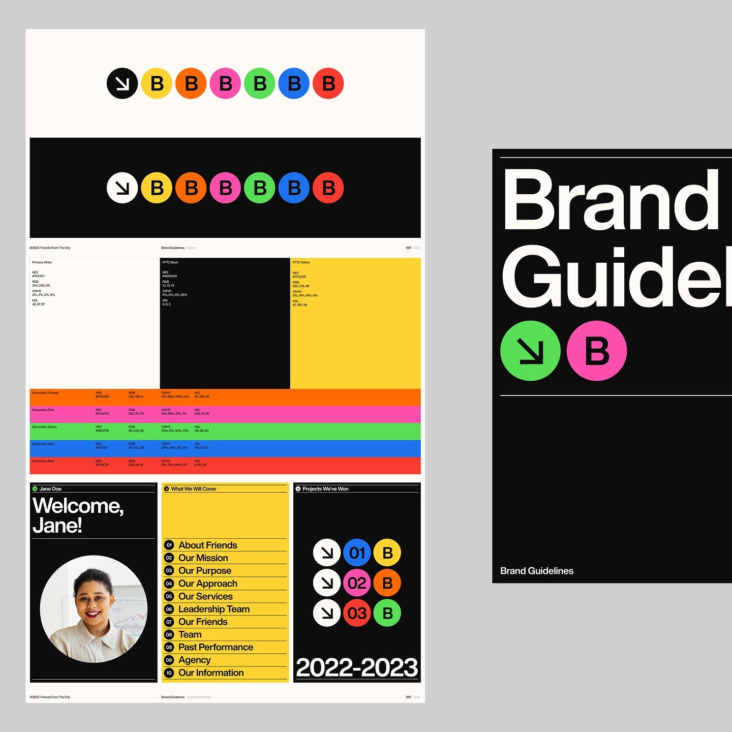 The design presents a clean, modern, and highly structured visual identity, utilizing a bold primary color (yellow/orange) against a stark black and white background. The layout is organized into distinct sections, suggesting a professional corporate or agency presentation.