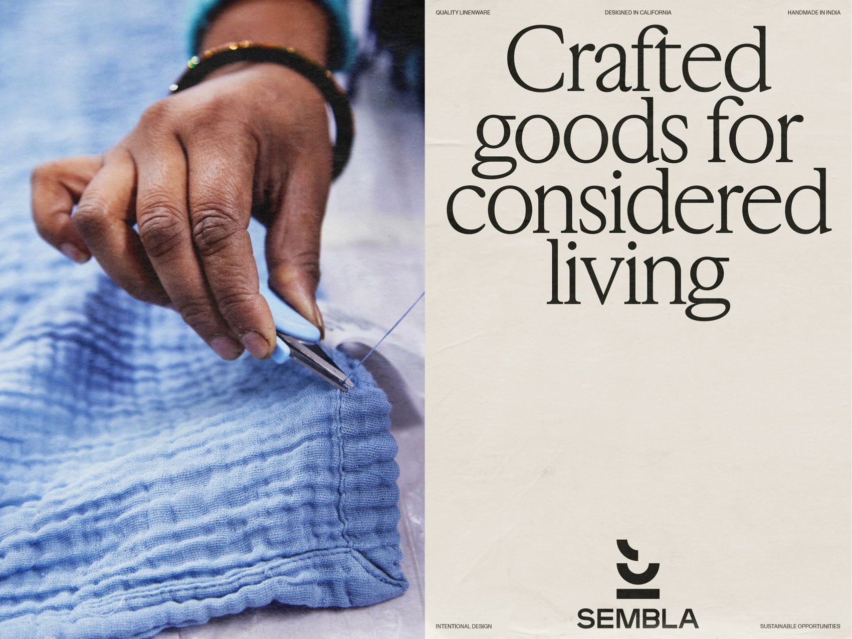 This is a clean, minimalist editorial layout featuring a close-up of a hand interacting with fabric alongside bold, high-contrast typography. The design emphasizes texture, natural tones, and a sense of artisanal quality through stark visual balance.