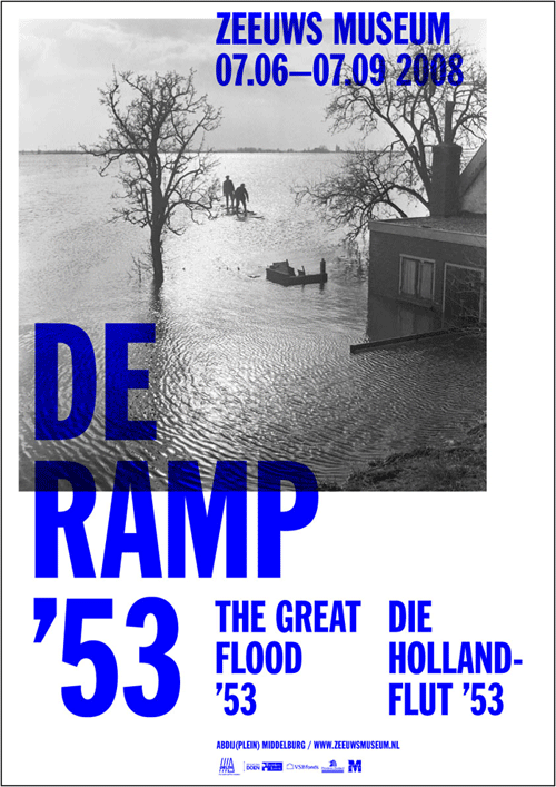 A stark modernist exhibition poster for the Zeeuws Museum featuring a black-and-white historical flood photograph as the dominant visual element. Bold cobalt blue typography overlays the image with a Dutch design sensibility, creating high contrast between the archival imagery and contemporary graphic elements.