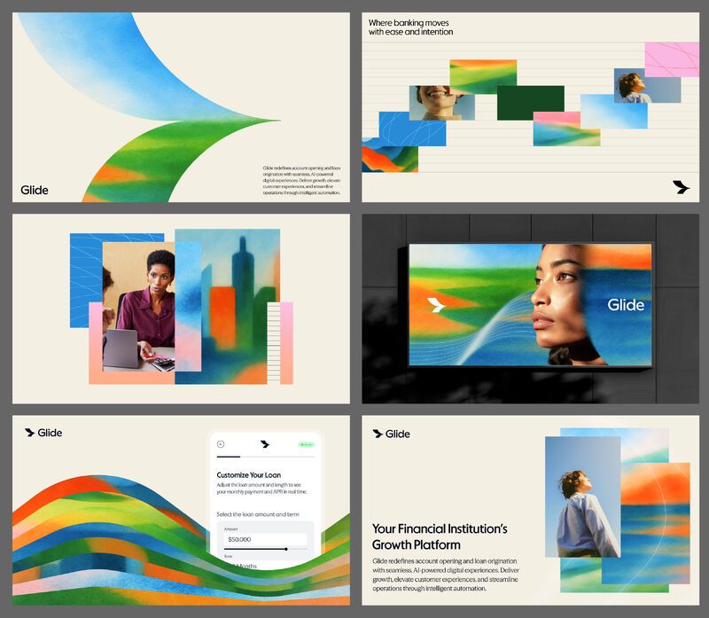 A modern, vibrant presentation design system featuring flowing organic shapes and bold color blocking. The visual language combines smooth, curved forms with geometric photo collages, creating a dynamic and contemporary aesthetic that feels both professional and creative.