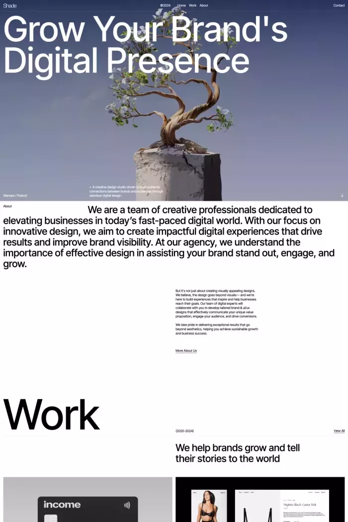 The image features a clean, minimalist design with high-quality photography centered around a tree, conveying a sense of organic growth and established presence. The layout is spacious, utilizing negative space effectively to draw focus to the main visual element and the headline.