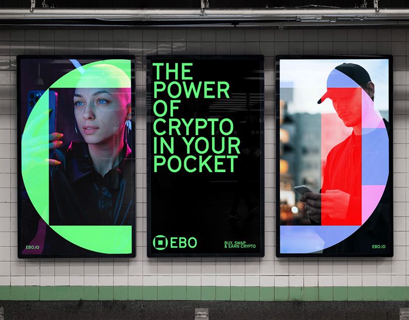 This is a series of three vertical digital display panels featuring high-contrast, modern graphic design focused on financial technology. The visuals use bold color blocking and striking portraiture to convey a sense of empowerment and technological access.
