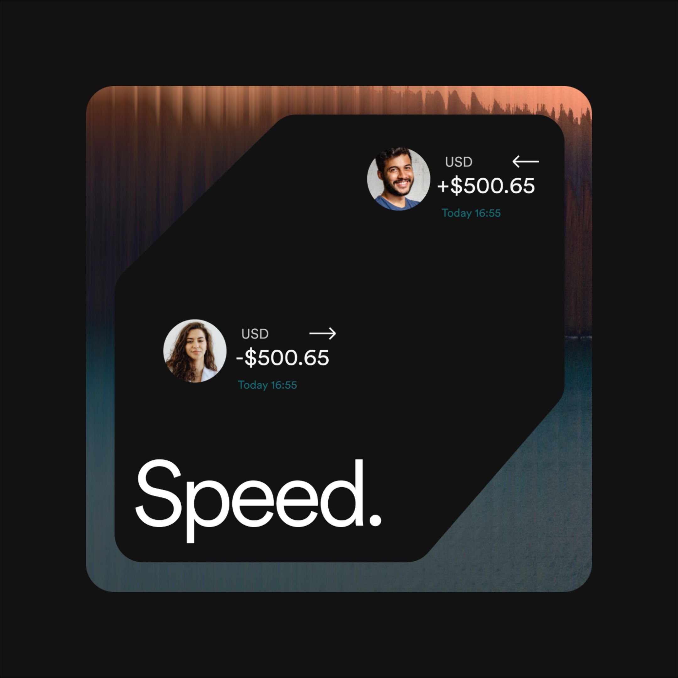 This design employs a dark mode aesthetic with subtle gradients and sharp geometric elements to present financial data clearly. The visual language is modern, emphasizing clarity and speed through high-contrast text and focused composition.