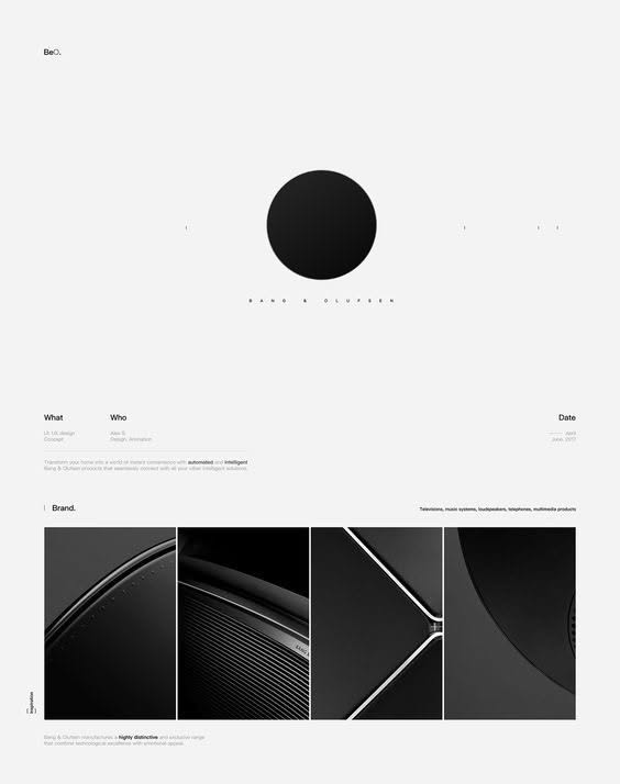 This design showcases extreme minimalism through a stark black and white palette, emphasizing negative space and high contrast. The visual language is clean, structured, and refined, focusing attention directly onto the product photography and essential information. The overall feel is highly sophisticated and premium.