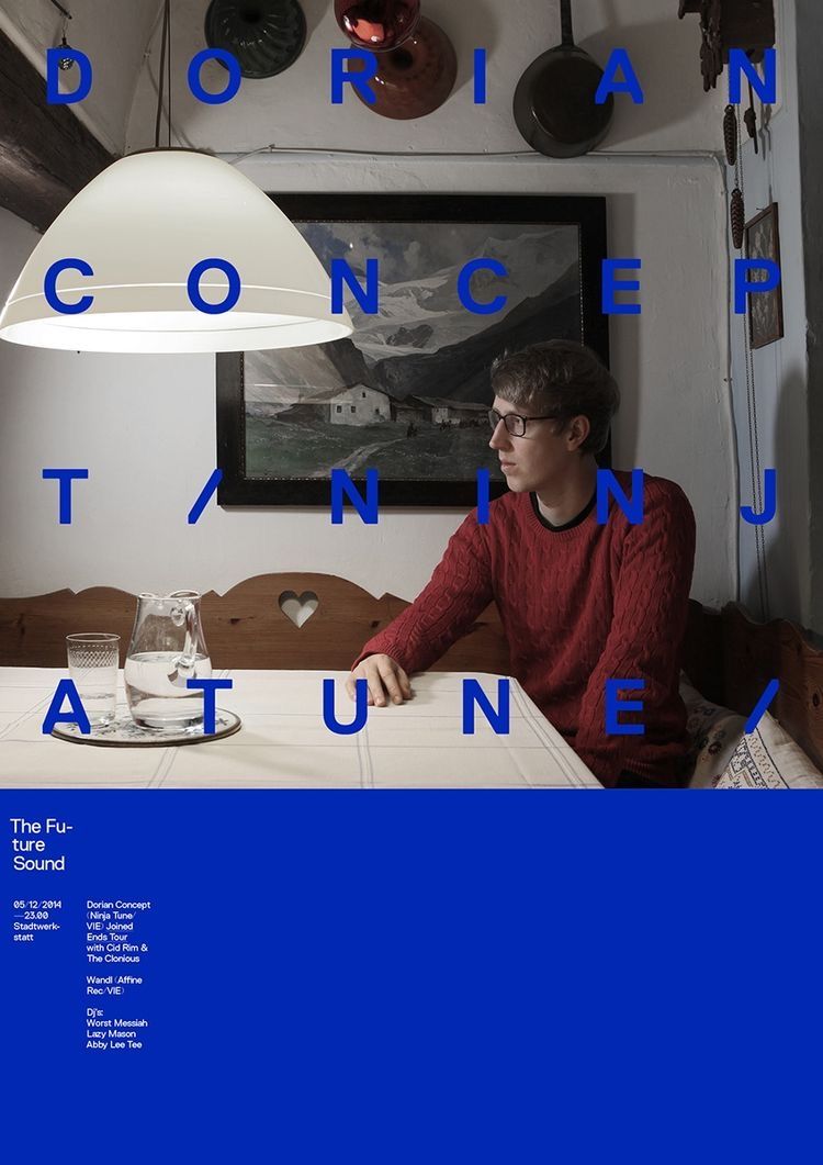 A contemporary design poster featuring a candid photograph of a person in an interior space overlaid with bold, scattered blue typography. The composition blends documentary photography with experimental graphic design, creating a layered, editorial aesthetic that feels both personal and conceptual.