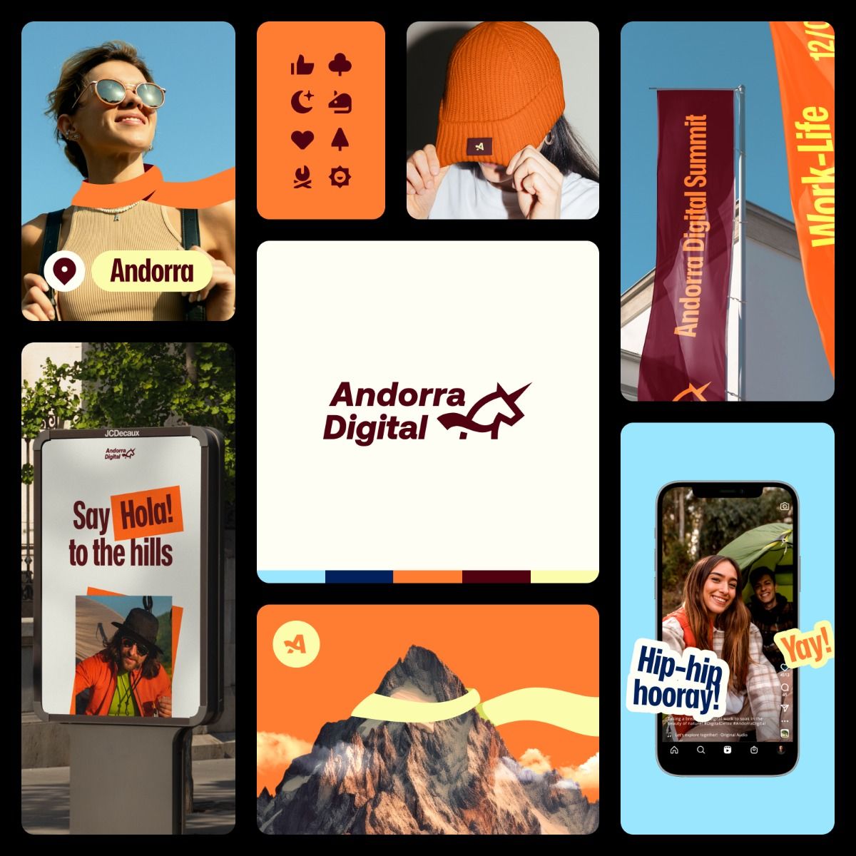 The image is a collage of promotional or branding materials, featuring a mix of lifestyle photography and clean, modern graphic elements. The overall visual language is bright, energetic, and professional, utilizing strong contrasts between natural imagery and bold typography.