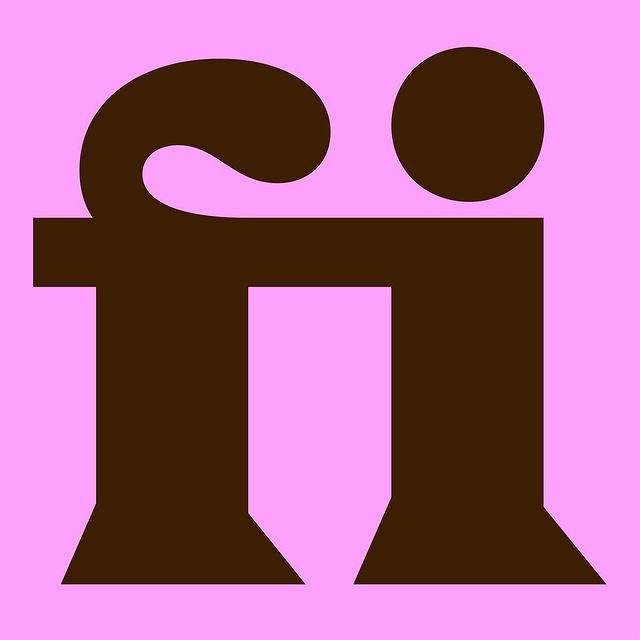 This image features a minimalist, silhouette-style representation of two figures interacting, characterized by thick, solid shapes against a vibrant pink background. The design relies on negative space and simple geometric forms to convey connection or partnership.