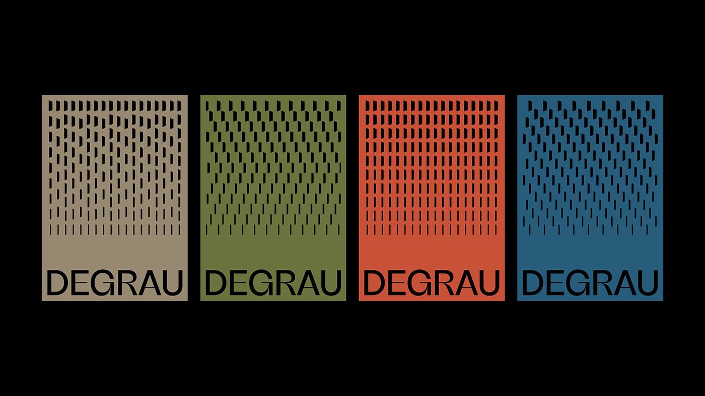 A minimalist design system featuring four color-blocked cards with the text 'DEGRAU' displayed in a modern sans-serif typeface. Each card employs a distinct color palette paired with a subtle geometric dot pattern that creates visual texture and depth while maintaining clean, contemporary aesthetics.
